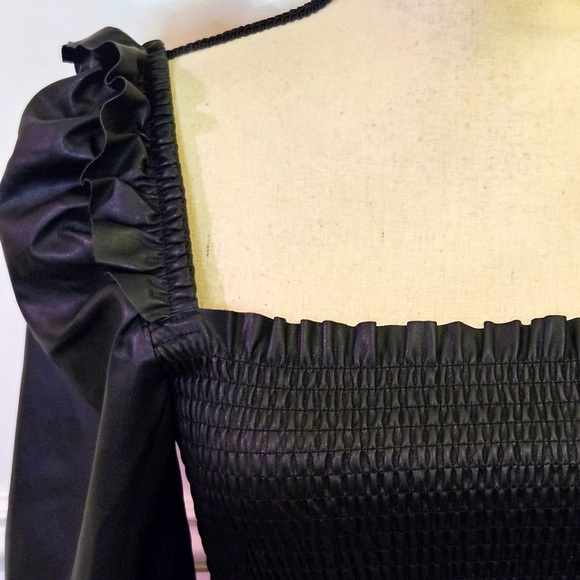 7 For All Mankind Black  Smocked,Long Sleeve,Faux Leather Dress,Medium,NWT - Picture 11 of 16